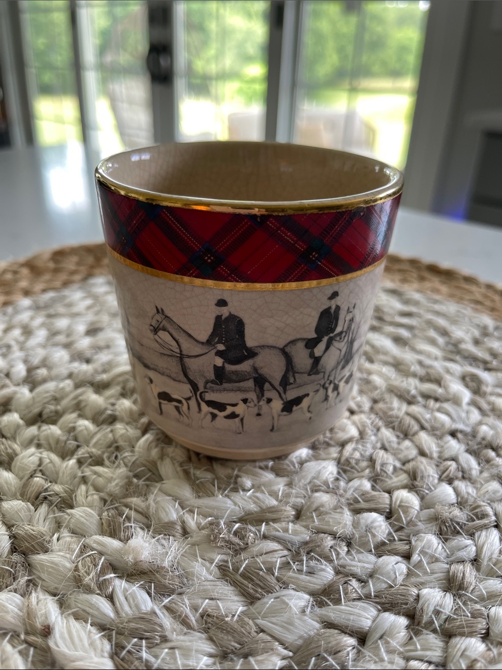 Ralph Lauren Vintage Equestrian  Scene Ceramic Cachepot Tartan Border